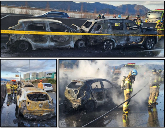 지난 16일 오후 3시 10분경 부산광역시 북구 금곡동 인근 강변도로에서 발생한 추돌사고 현장 모습. KG모빌리티 제공.